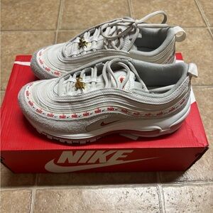 Nike White and Light Gray Air Max 97 Sneakers with Red Script Trim